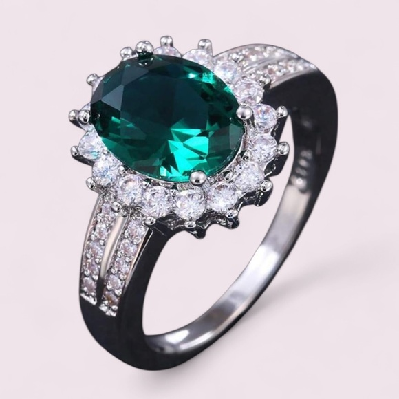 Engagement Oval Cut Emerald CZ Ring in Sterling Silver - Picture 10 of 13